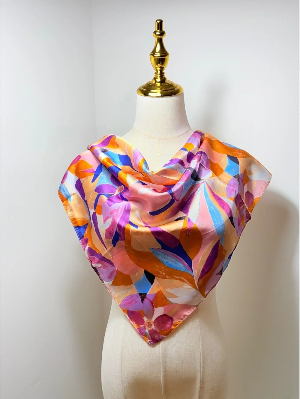 Colorful Floral Pattern Scarf with Orange, Pink, Blue, and Purple Leaves